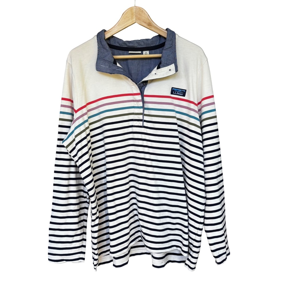 LL Bean Women's 2X Striped Rugby Cotton Henley Pullover Shirt Blue Coastal Prep